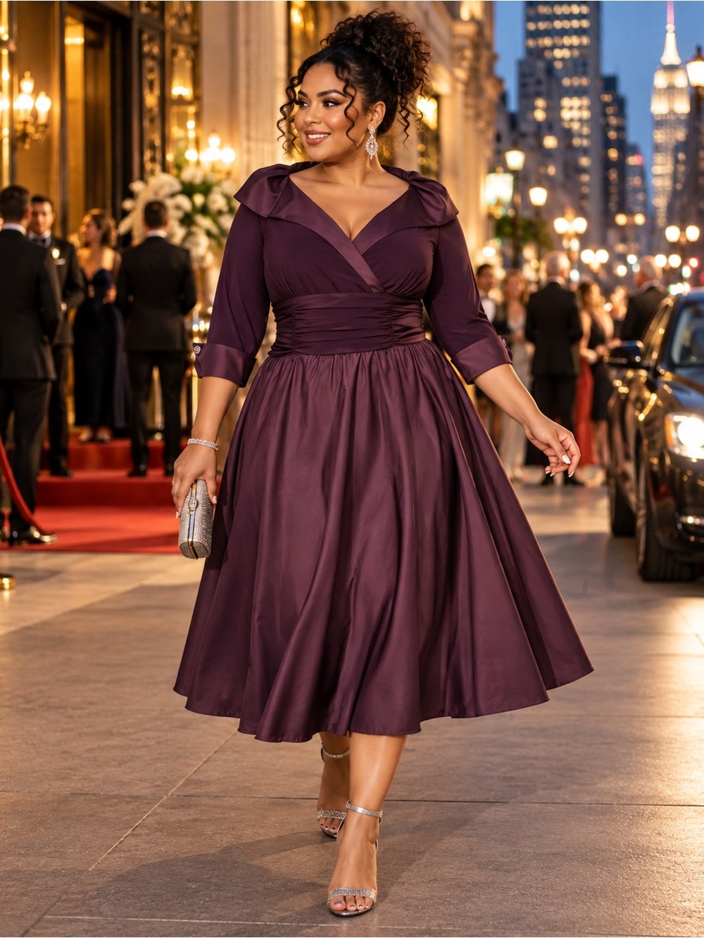Jessica Howard NWT Eggplant Taffeta Portrait Collar Midi Dress 16W